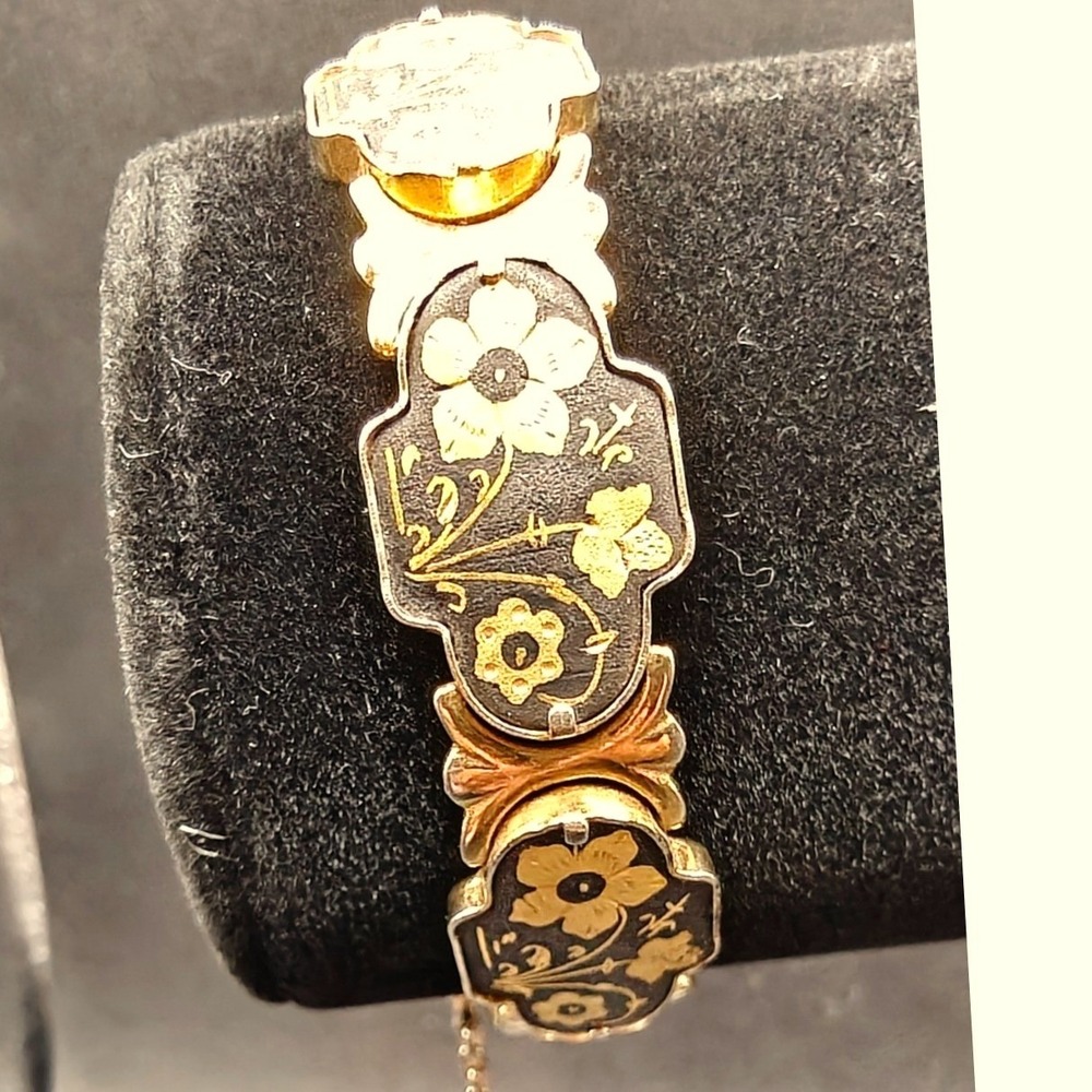 Vintage Spanish Damascene Floral Link Bracelet Gold Silver Inlay Toledo Style